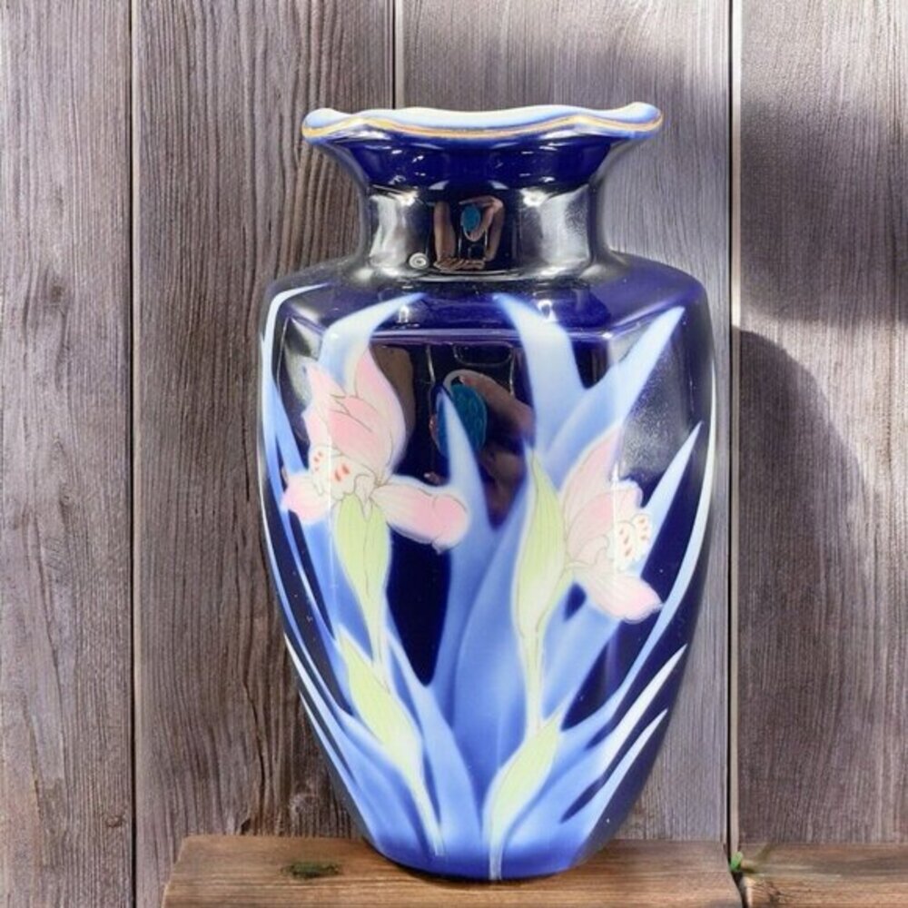 Pier 1 Imports Vintage Cobalt Blue Porcelain Iris Vase Japanese Ceramic 7in VTG